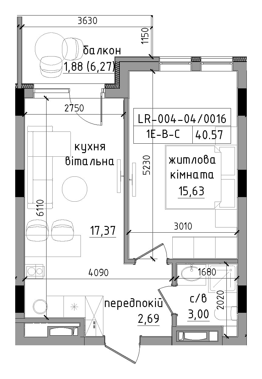 Планування 1-к квартира площею 40.57м2, LR-004-04/0016.