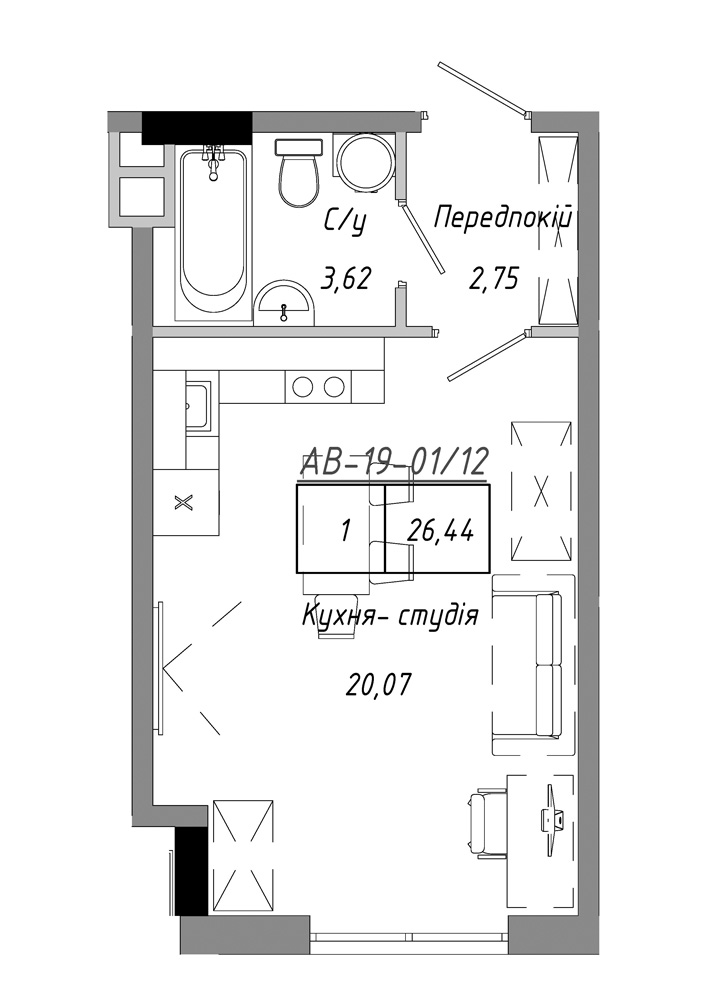 Планировка Smart-квартира площей 26.44м2, AB-19-01/00012.