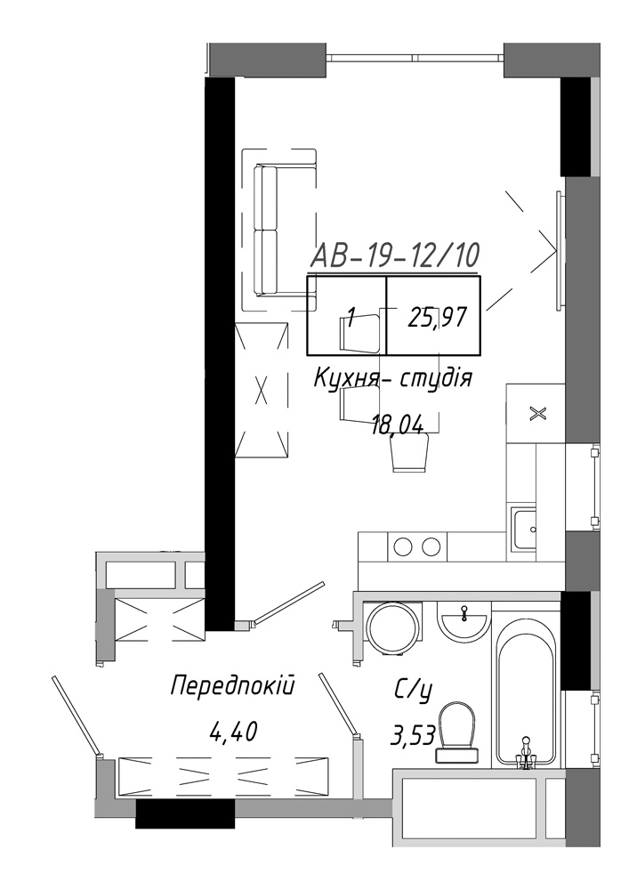 Планировка Smart-квартира площей 25.97м2, AB-19-12/00010.