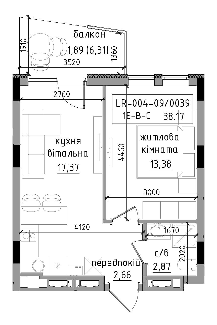 Планировка 1-к квартира площей 38.17м2, LR-004-09/0039.