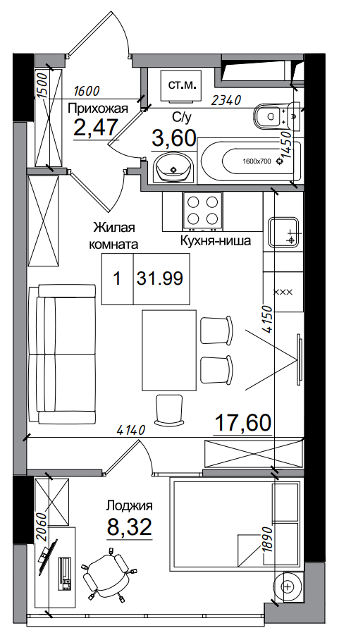 Планування Smart-квартира площею 31.99м2, AB-14-09/00001.