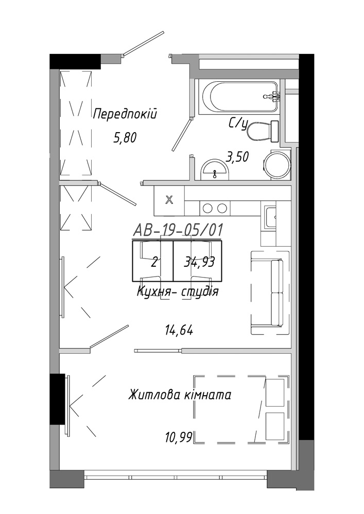 Планировка 1-к квартира площей 34.93м2, AB-19-05/00001.