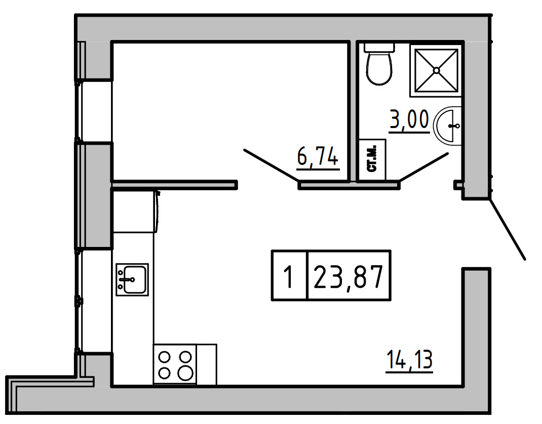 Планировка 1-к квартира площей 23.93м2, KS-008-01/0012.
