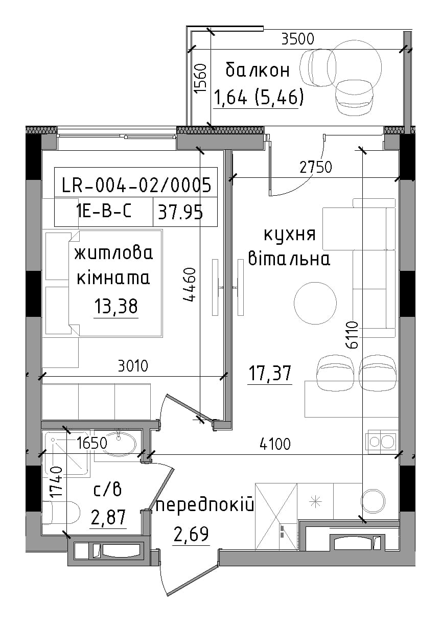 Планировка 1-к квартира площей 37.95м2, LR-004-02/0005.
