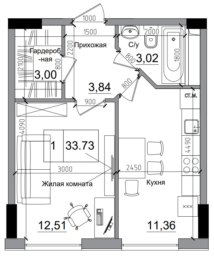 Планировка Smart-квартира площей 33.67м2, AB-11-02/00003.