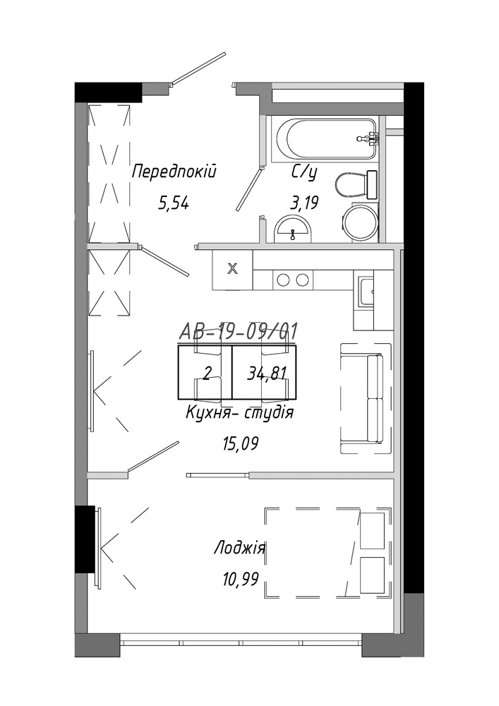 Планировка 1-к квартира площей 34.81м2, AB-19-09/00001.