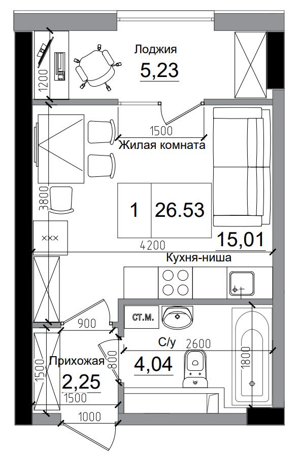 Планування Smart-квартира площею 26.53м2, AB-11-02/00006.