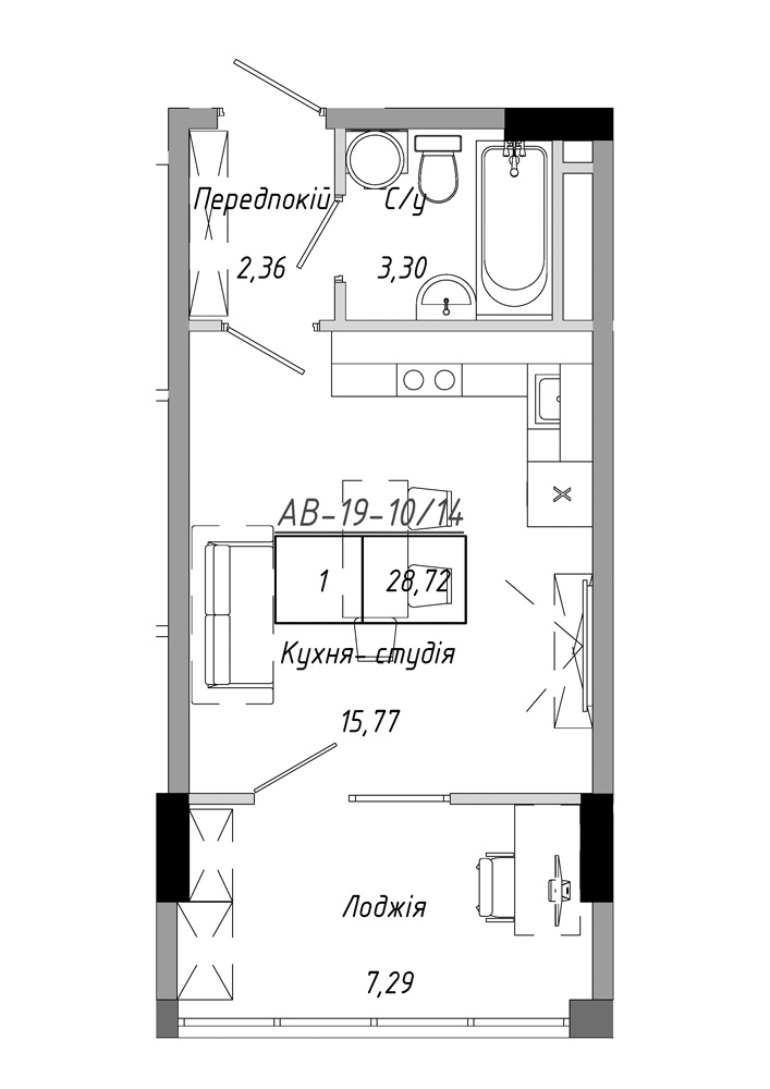 Планировка Smart-квартира площей 28.72м2, AB-19-10/00014.