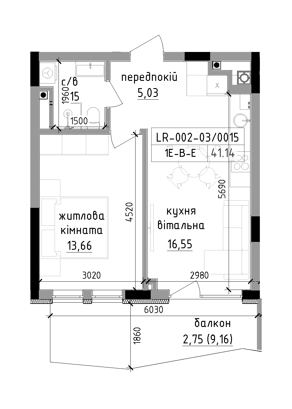 Планировка 1-к квартира площей 41.14м2, LR-002-03/0015.