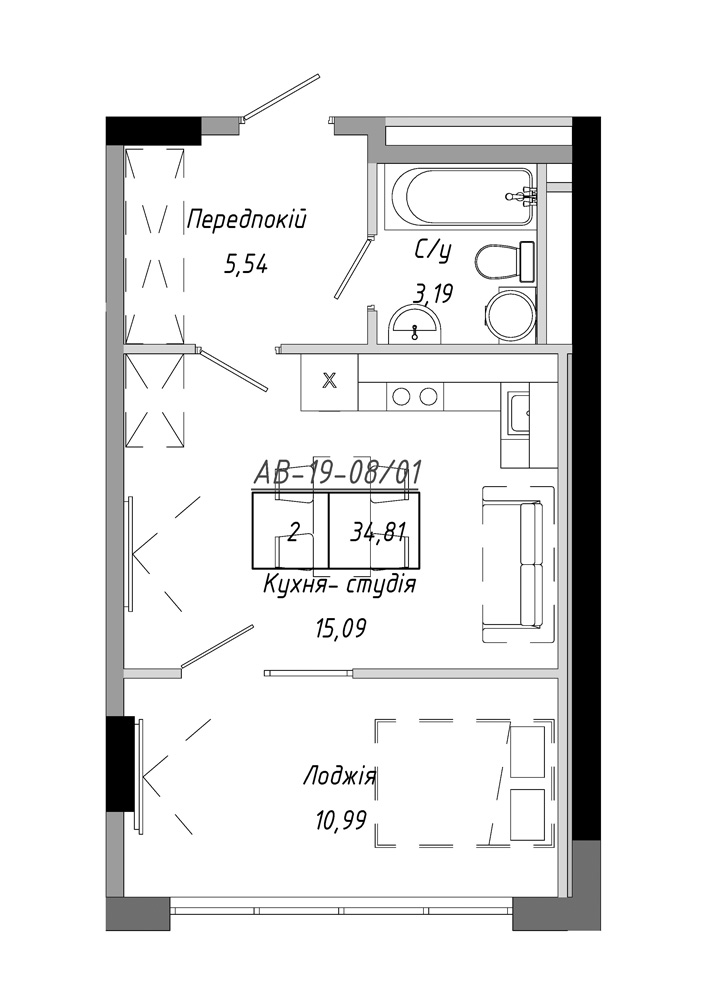 Планування 1-к квартира площею 34.81м2, AB-19-08/00001.
