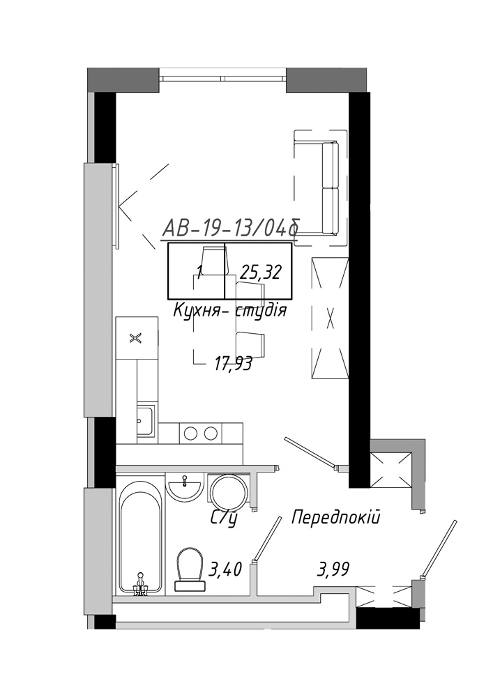 Planning Smart flats area 25.32m2, AB-19-13/0104б.