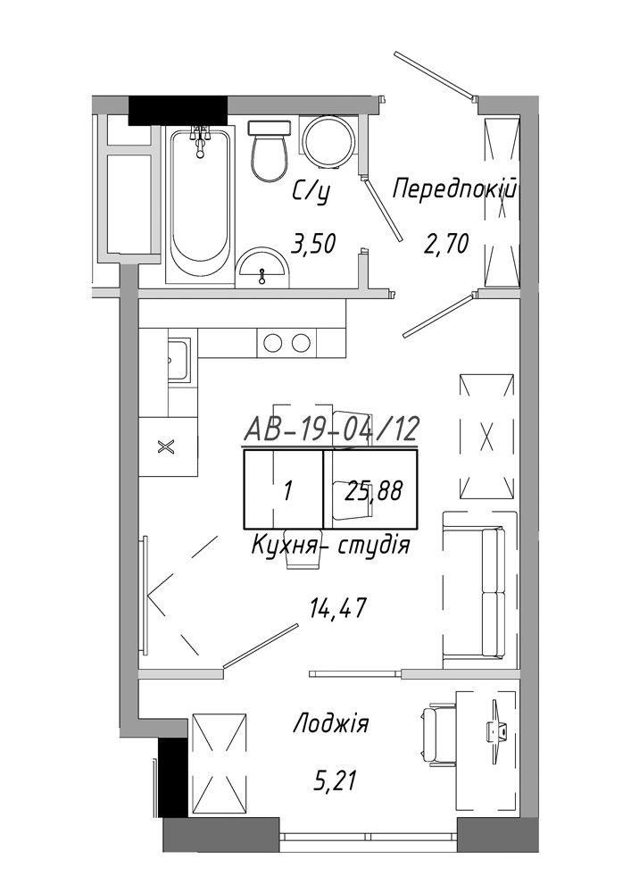 Planning Smart flats area 25.88m2, AB-19-04/00012.