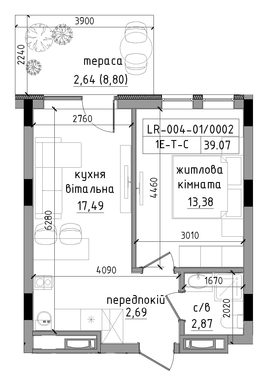 Planning 1-rm flats area 39.07m2, LR-004-01/0002.