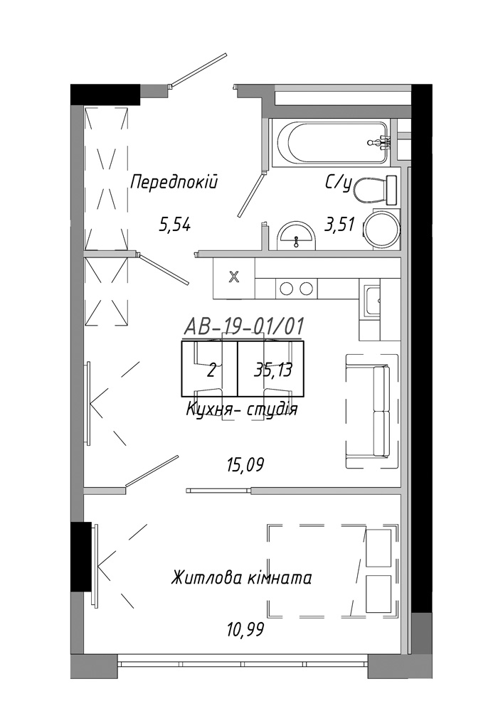 Планировка 1-к квартира площей 35.13м2, AB-19-01/00001.