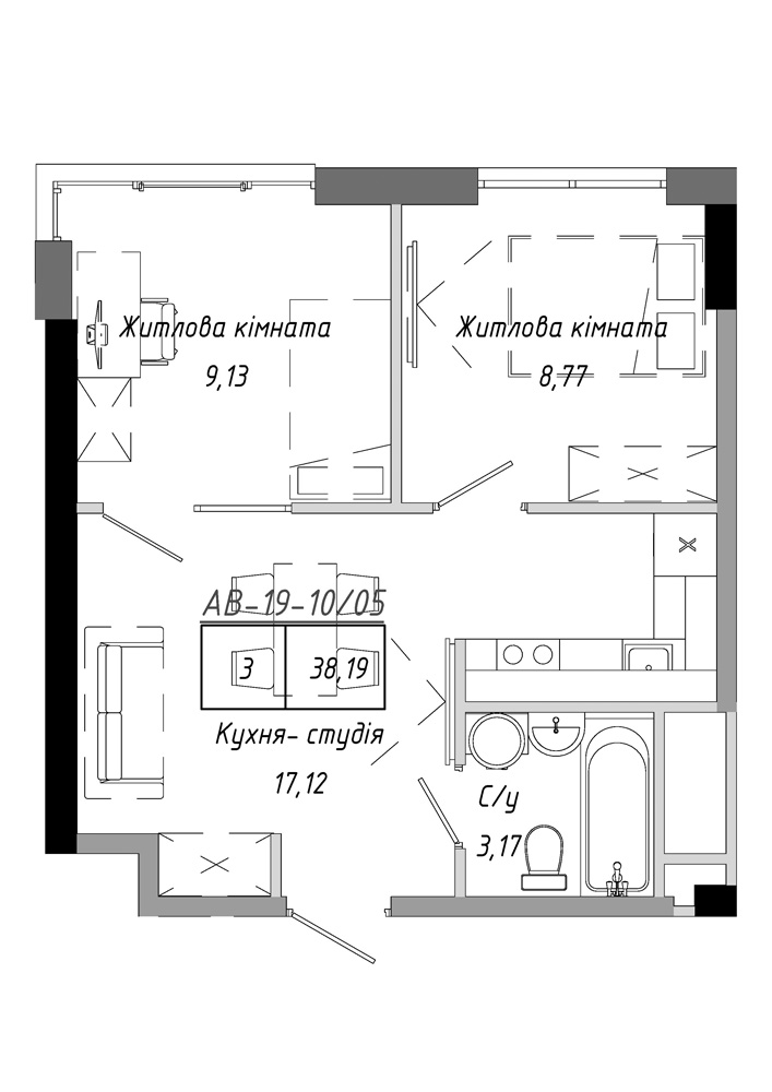 Планировка 2-к квартира площей 38.19м2, AB-19-10/00005.