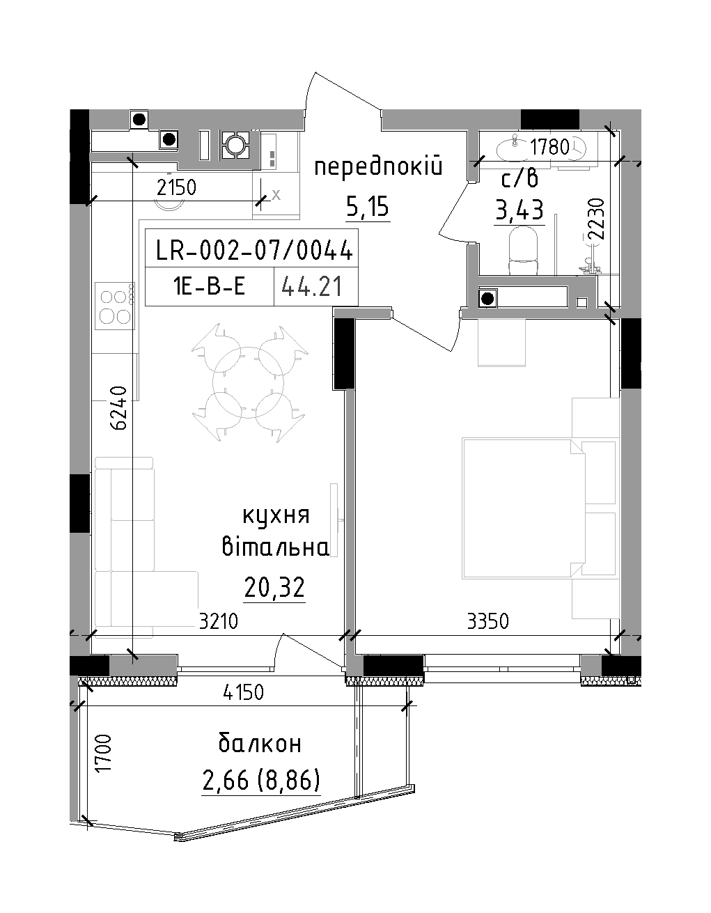 Planning 1-rm flats area 44.21m2, LR-002-07/0044.