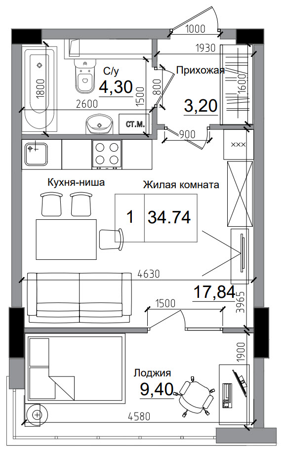 Планировка 1-к квартира площей 34.74м2, AB-11-04/00002.