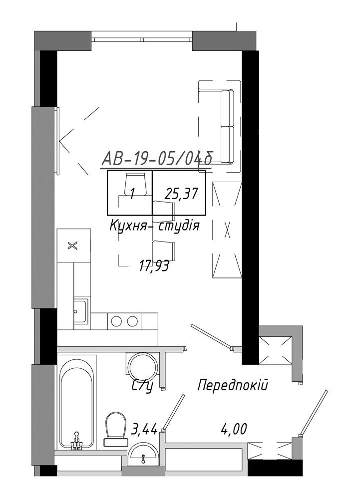 Планировка Smart-квартира площей 25.37м2, AB-19-05/0004б.