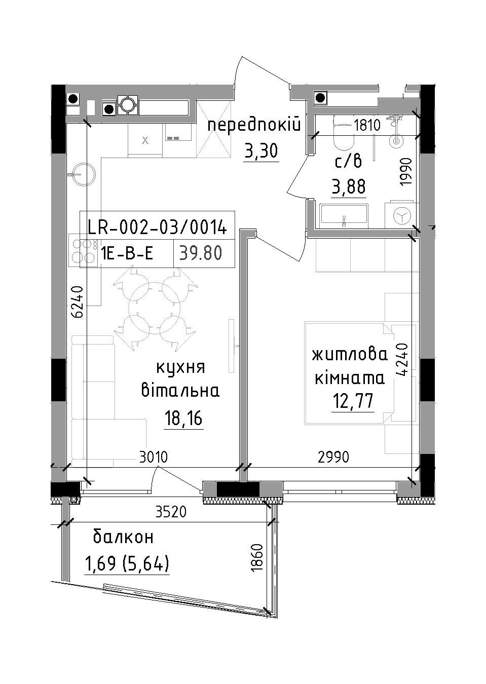 Planning 1-rm flats area 39.8m2, LR-002-03/0014.