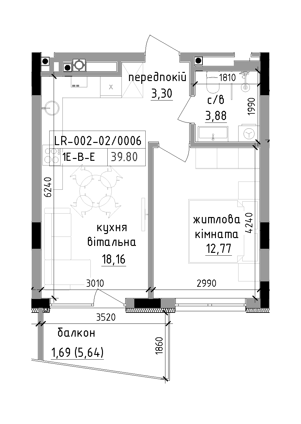 Планування 1-к квартира площею 39.8м2, LR-002-02/0006.