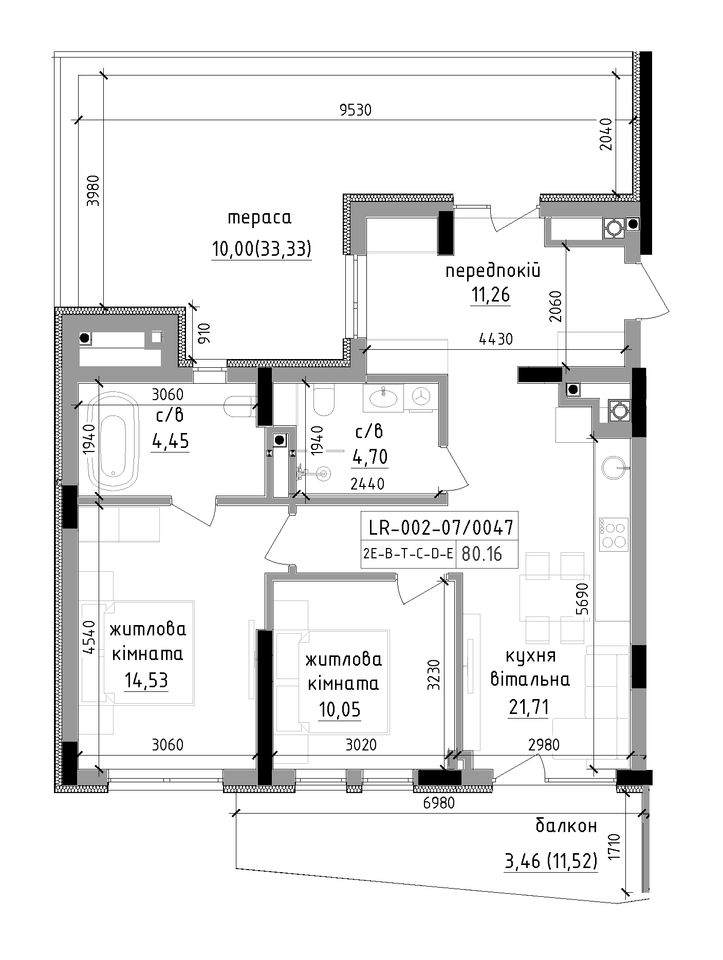 Planning 2-rm flats area 80.16m2, LR-002-07/0047.