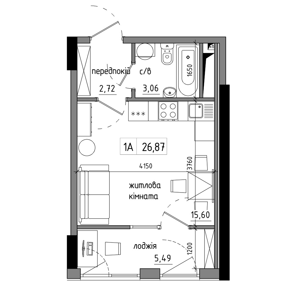 Планування Smart-квартира площею 28.03м2, AB-17-11/00001.