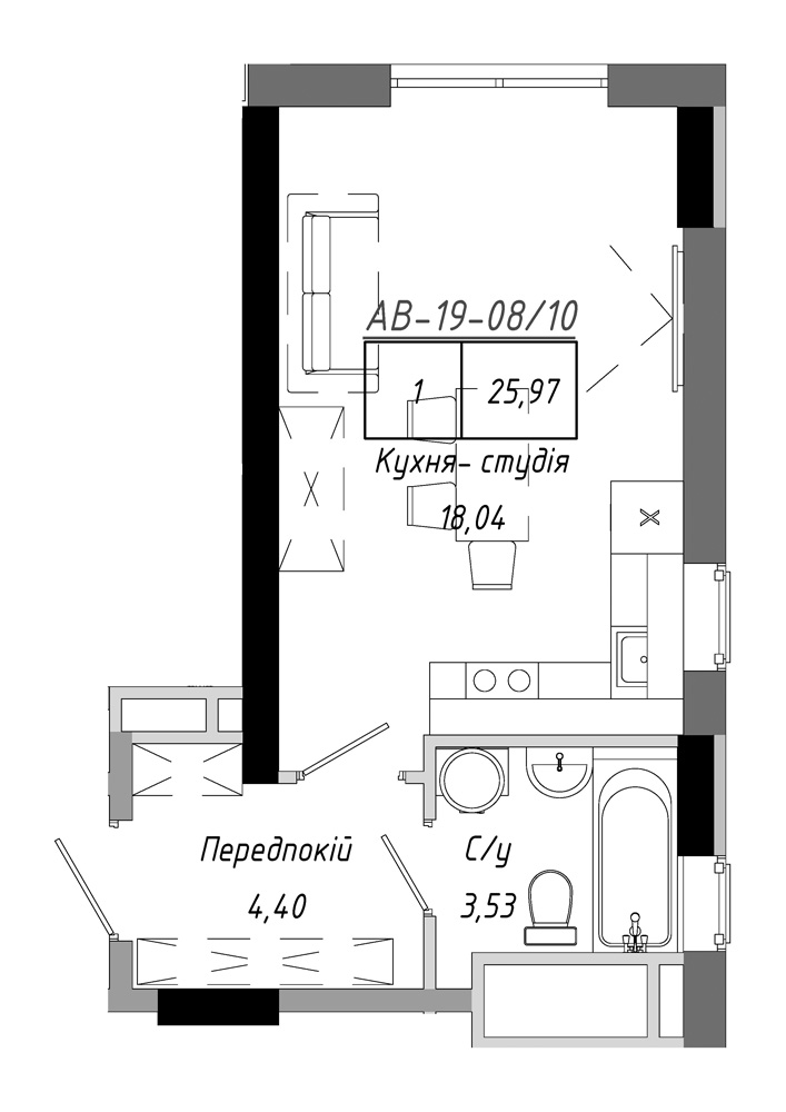 Планировка Smart-квартира площей 25.97м2, AB-19-08/00010.