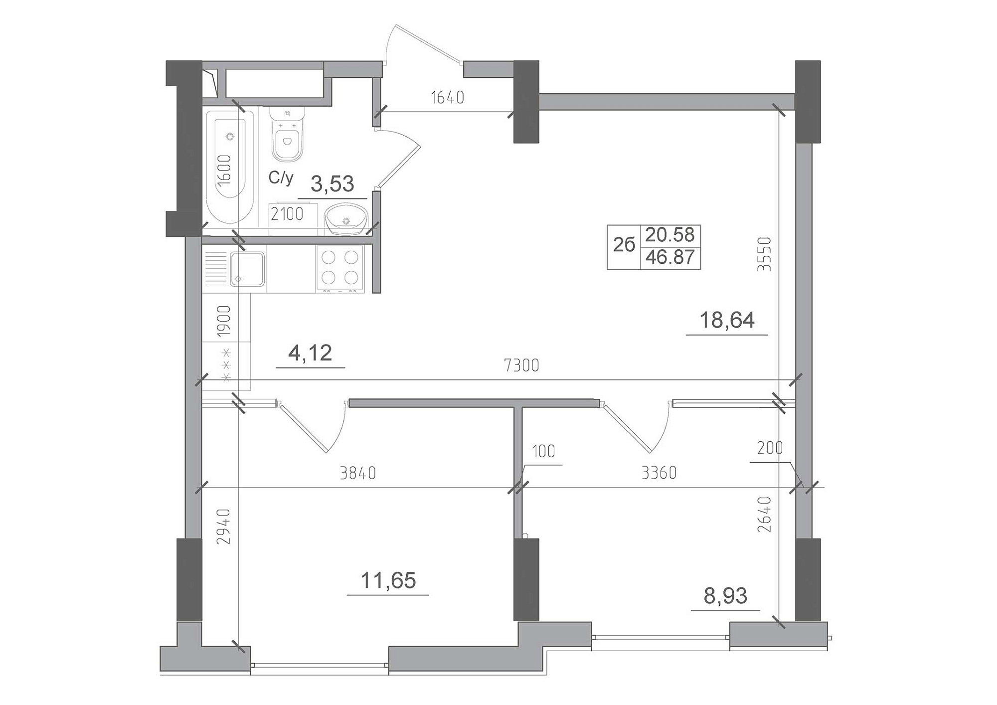 Планировка 2-к квартира площей 46.87м2, AB-22-12/00008.