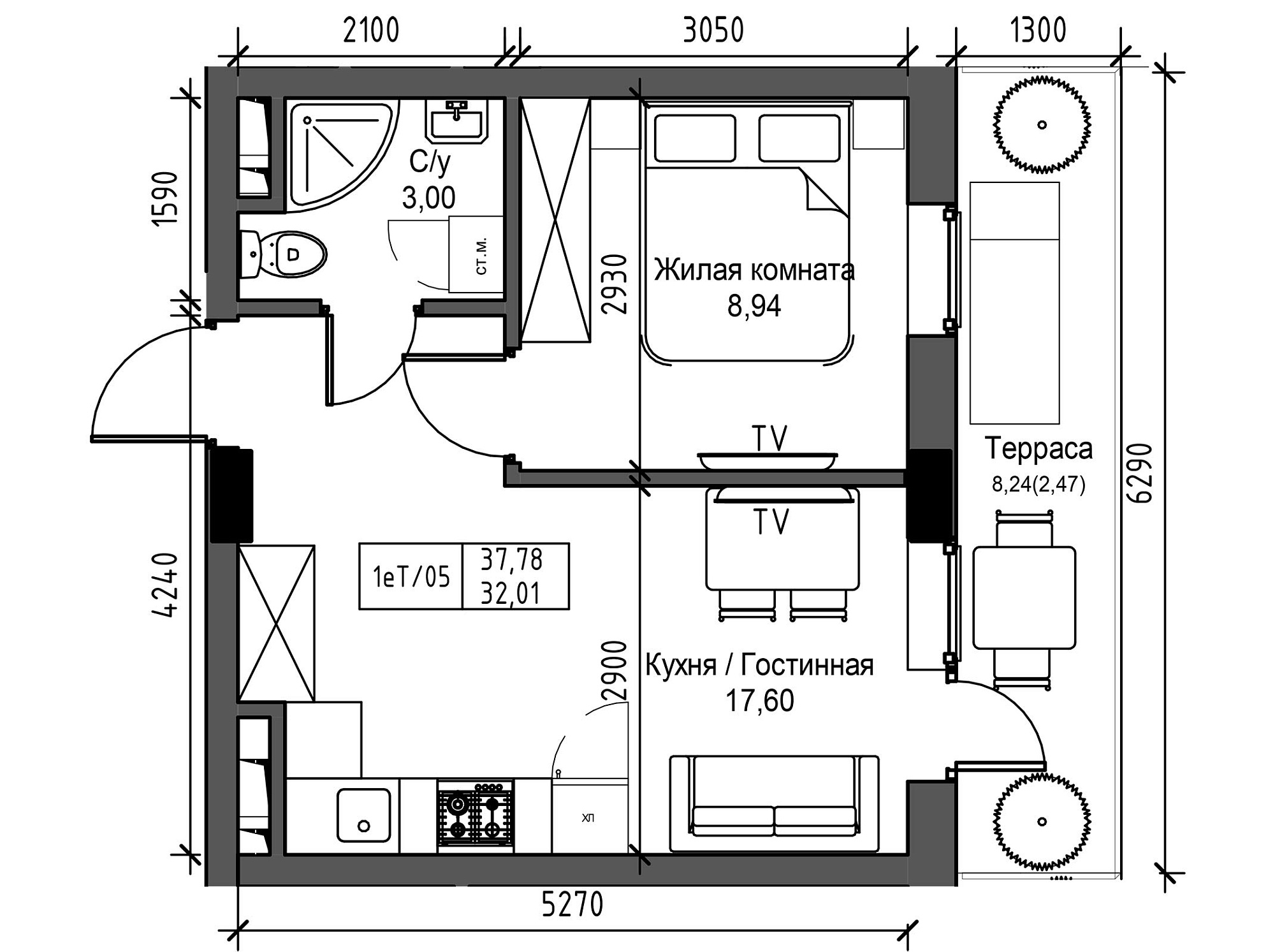 Планировка 1-к квартира площей 32.01м2, UM-003-08/0082.