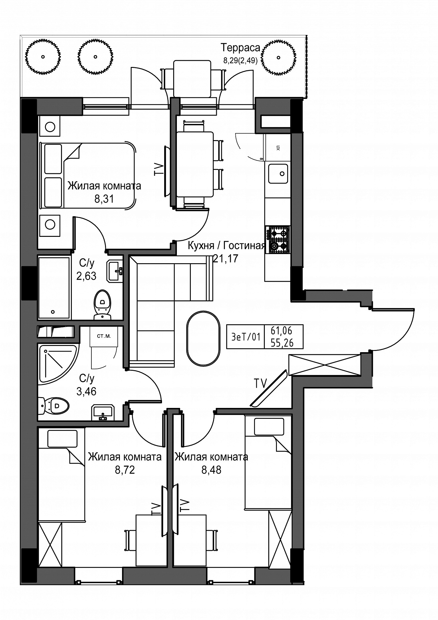 Planning 3-rm flats area 55.26m2, UM-003-02/0013.