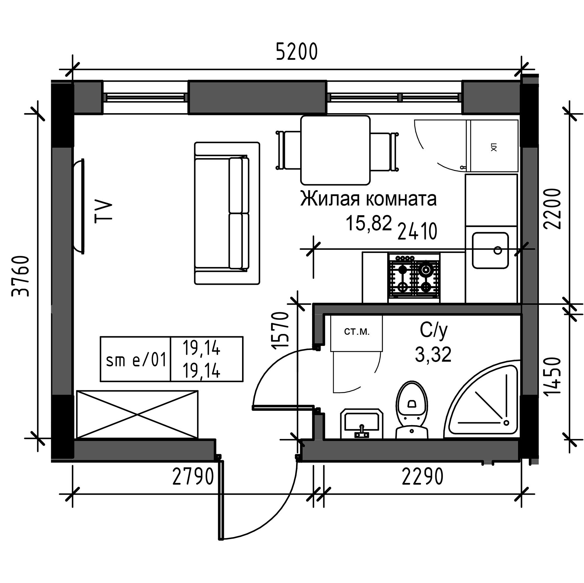 Планировка Smart-квартира площей 19.14м2, UM-003-04/0033.
