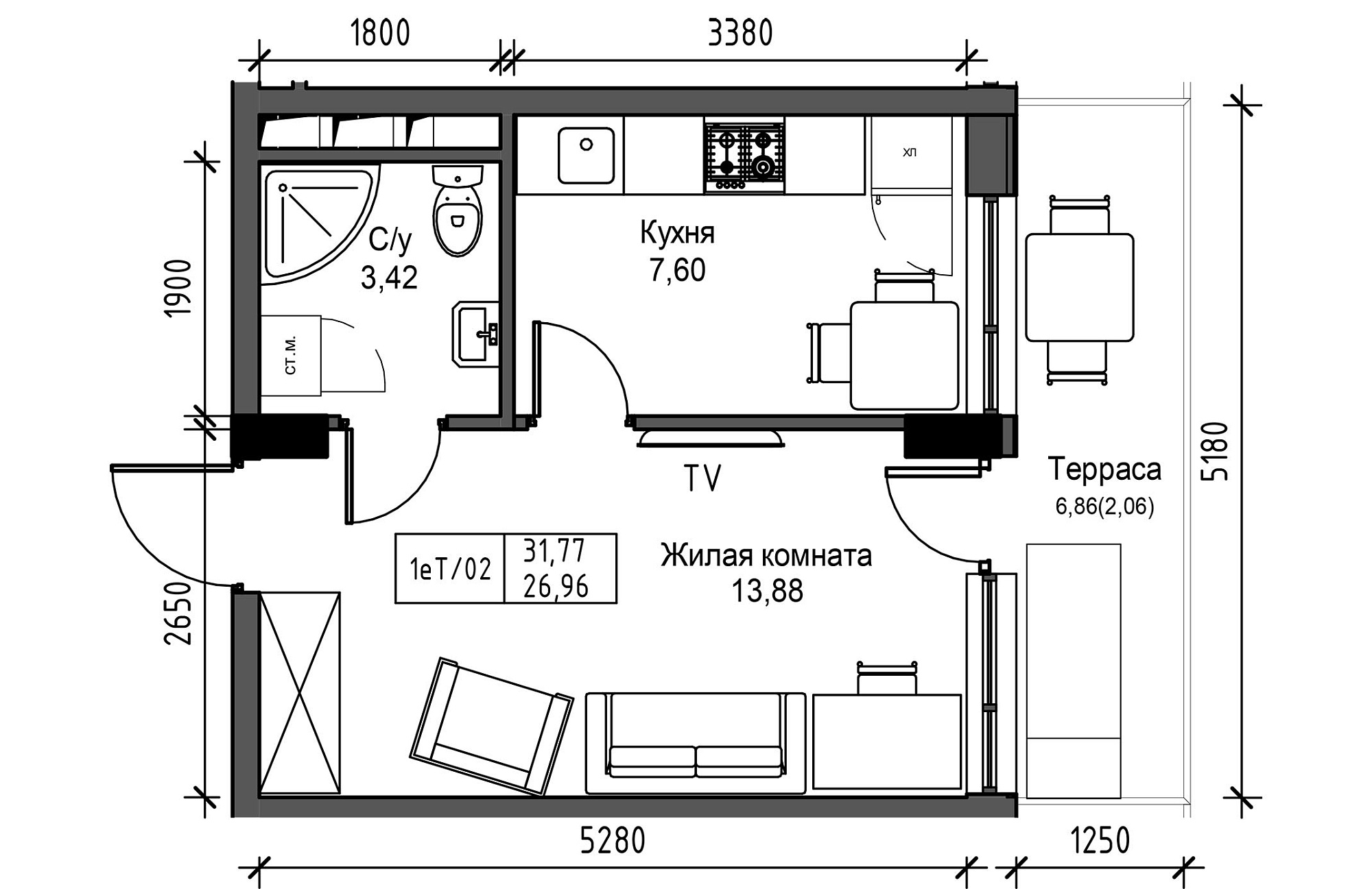 Планировка 1-к квартира площей 26.96м2, UM-003-10/0102.