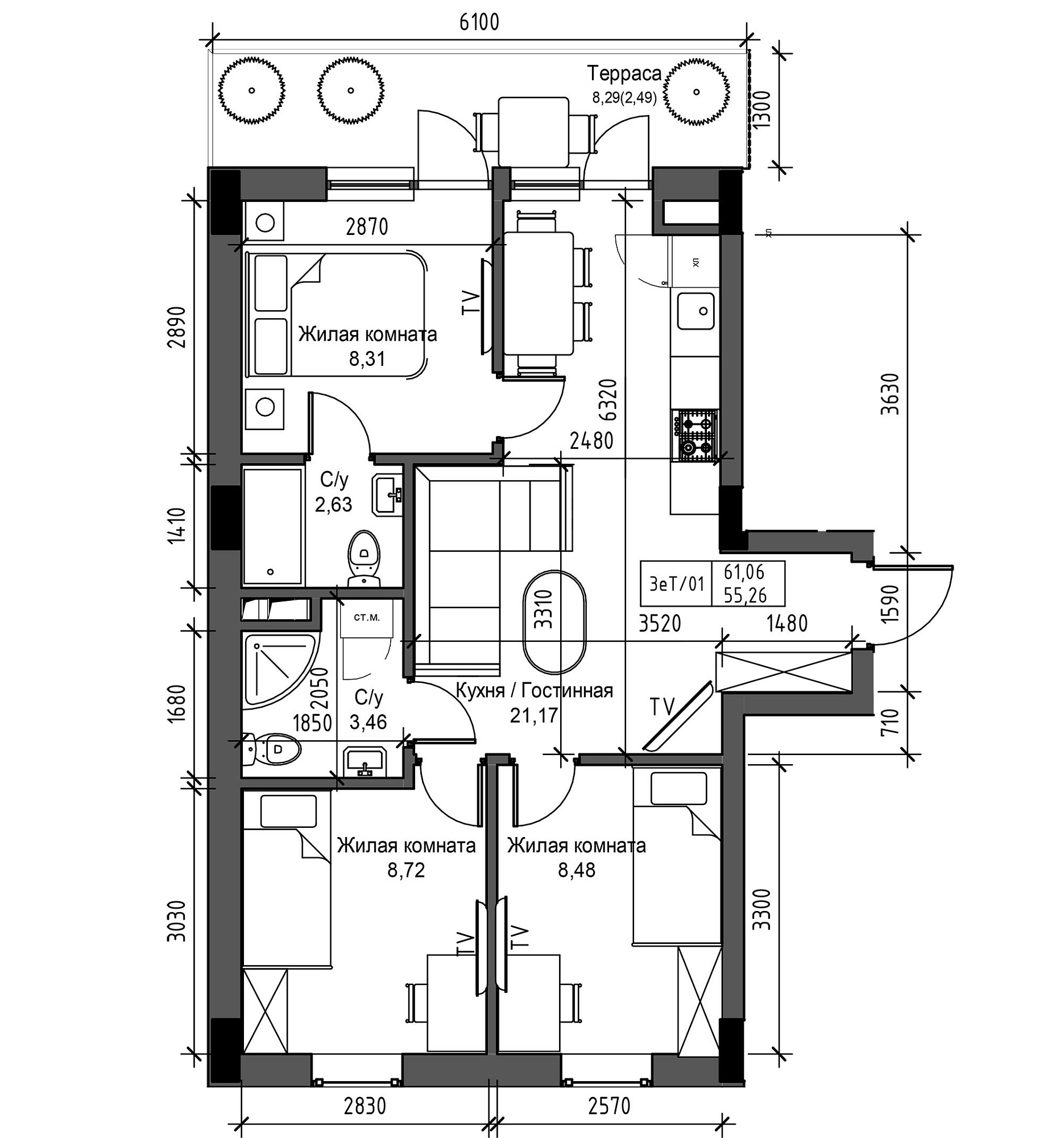 Planning 3-rm flats area 55.26m2, UM-003-04/0030.