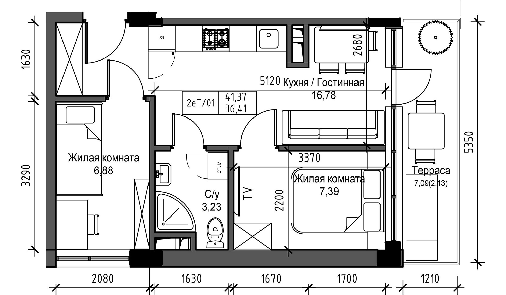 Планування 2-к квартира площею 36.41м2, UM-003-06/0057.