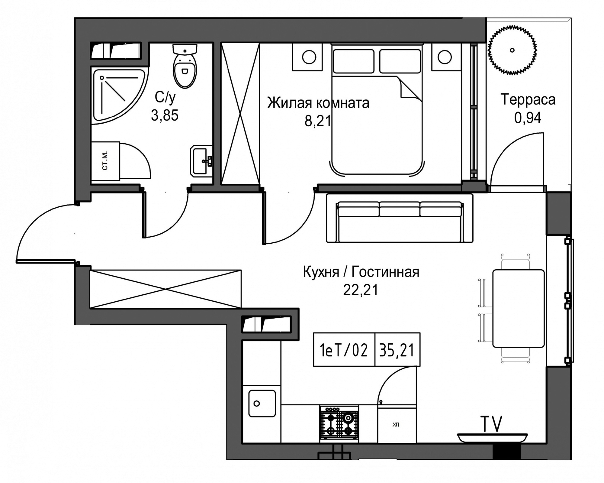 Планування 1-к квартира площею 35.21м2, UM-002-05/0033.