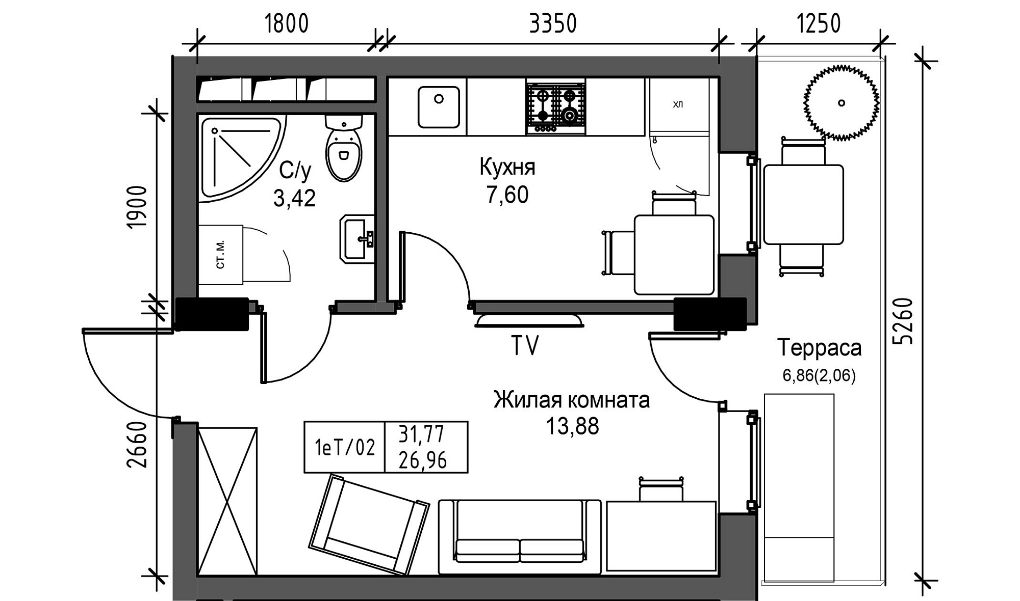 Планировка 1-к квартира площей 26.96м2, UM-003-06/0053.
