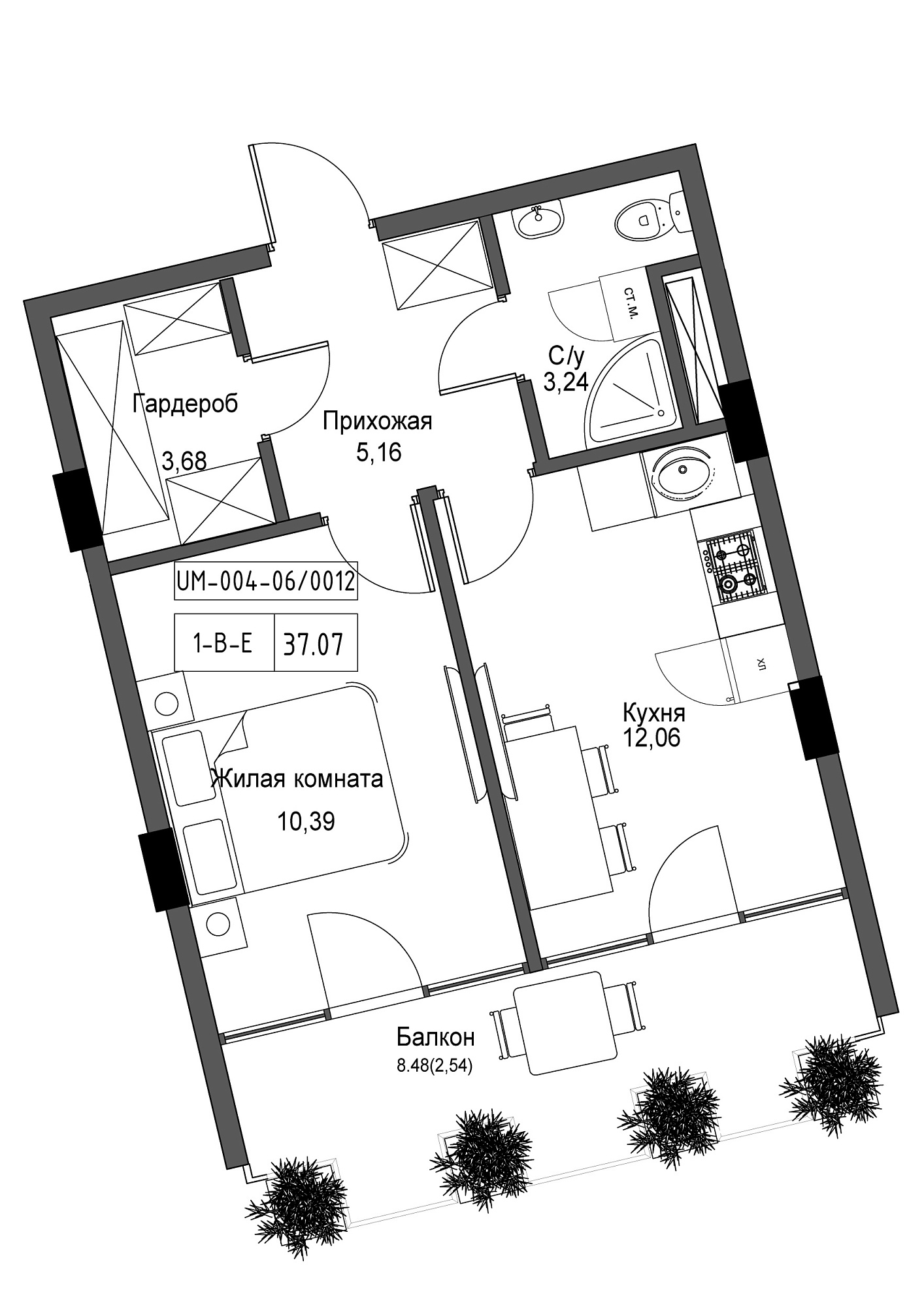 Планировка 1-к квартира площей 37.07м2, UM-004-06/0012.