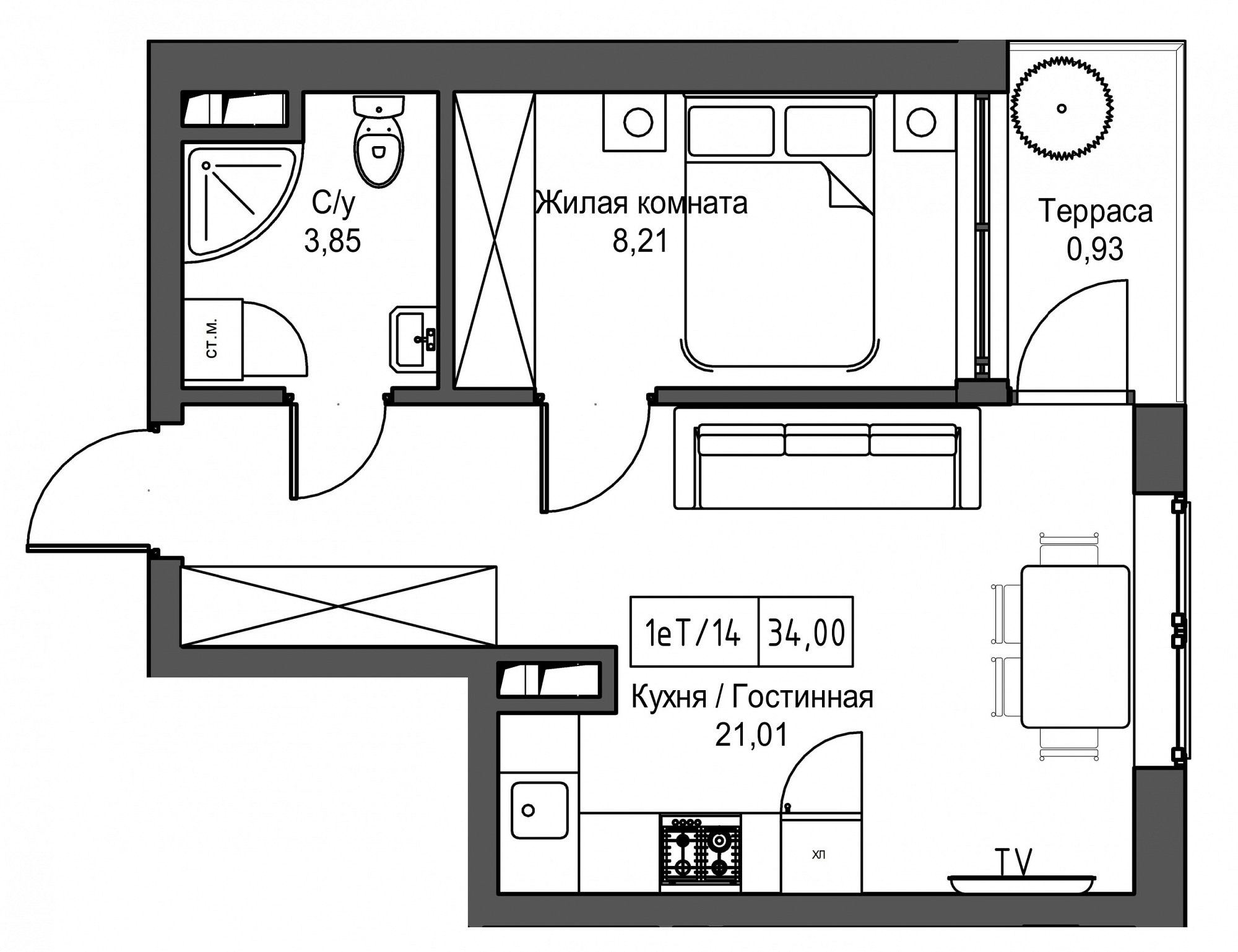 Планування 1-к квартира площею 34м2, UM-002-08/0074.