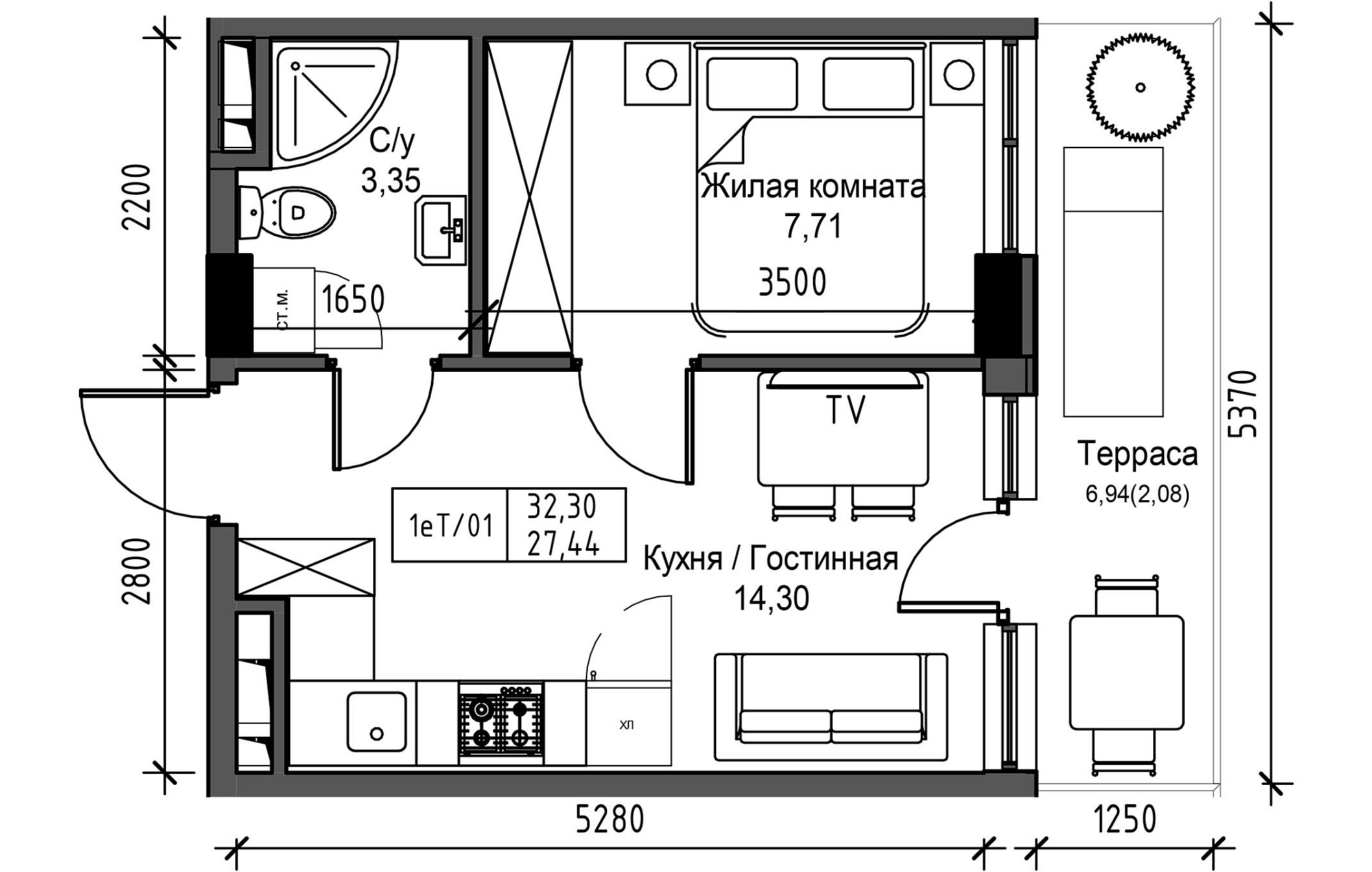 Планировка 1-к квартира площей 27.44м2, UM-003-03/0002.