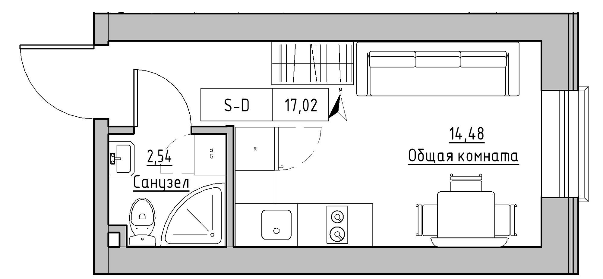 Planning Smart flats area 17.02m2, KS-020-05/0017.