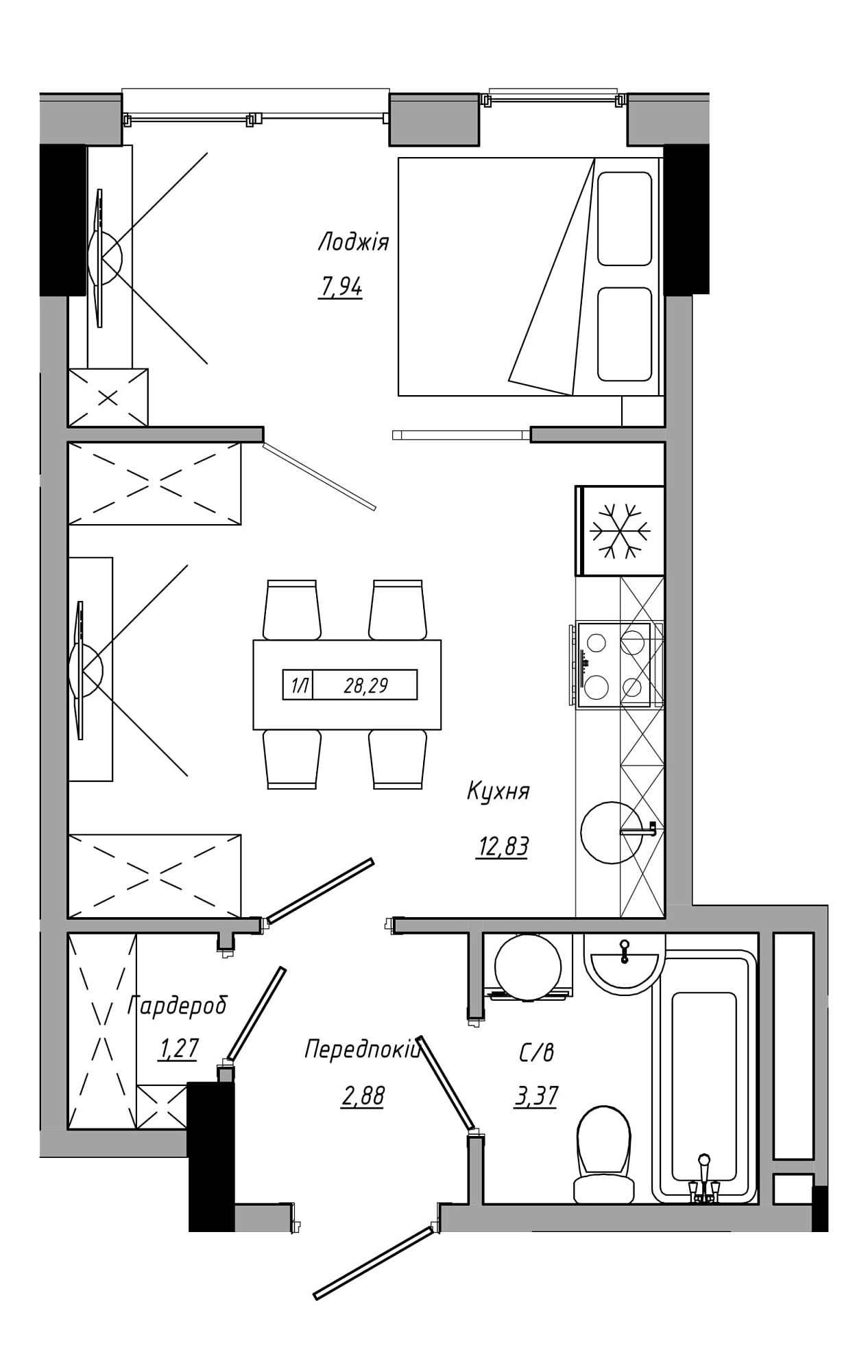 Planning 1-rm flats area 28.29m2, AB-21-13/00114.