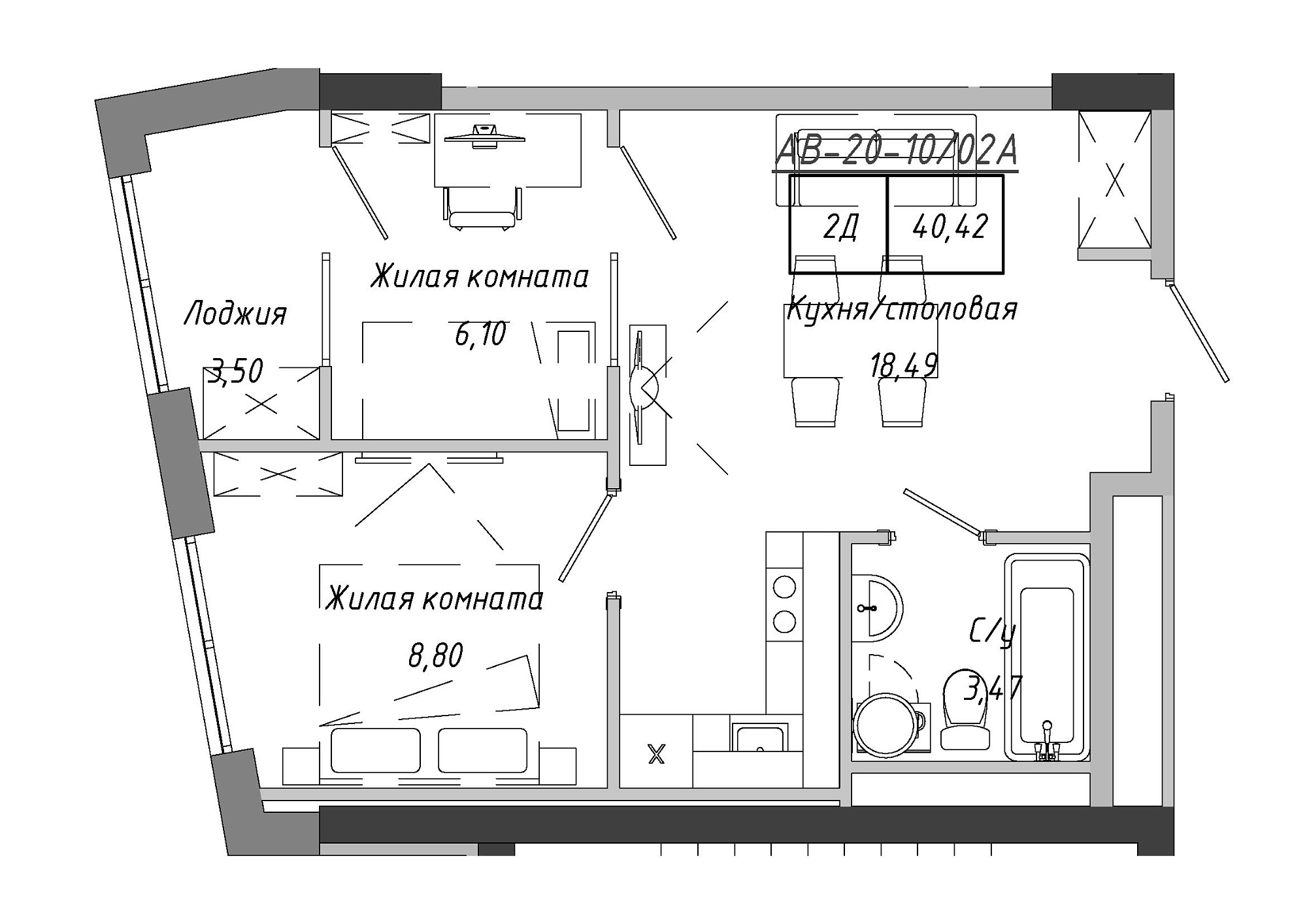 Планировка 2-к квартира площей 41.9м2, AB-20-10/0002а.
