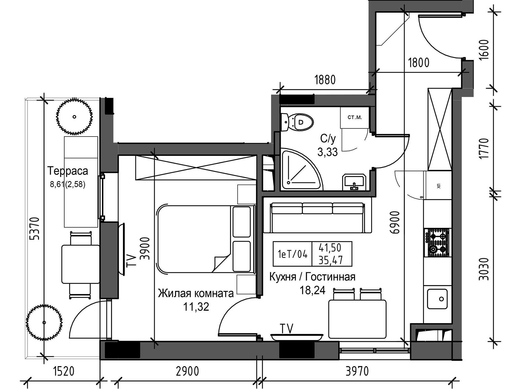Planning 1-rm flats area 35.47m2, UM-003-04/0025.