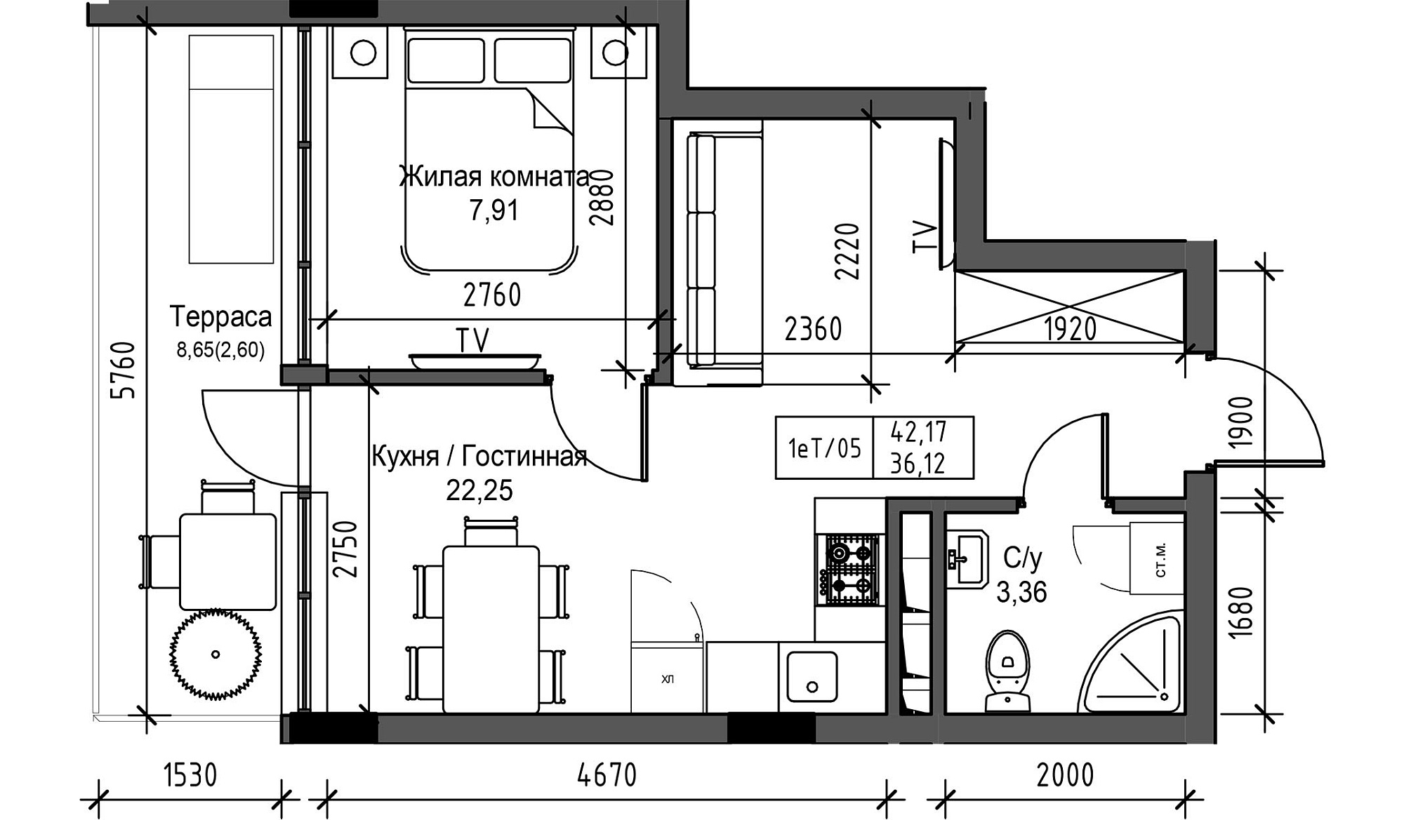 Planning 1-rm flats area 36.12m2, UM-003-04/0028.