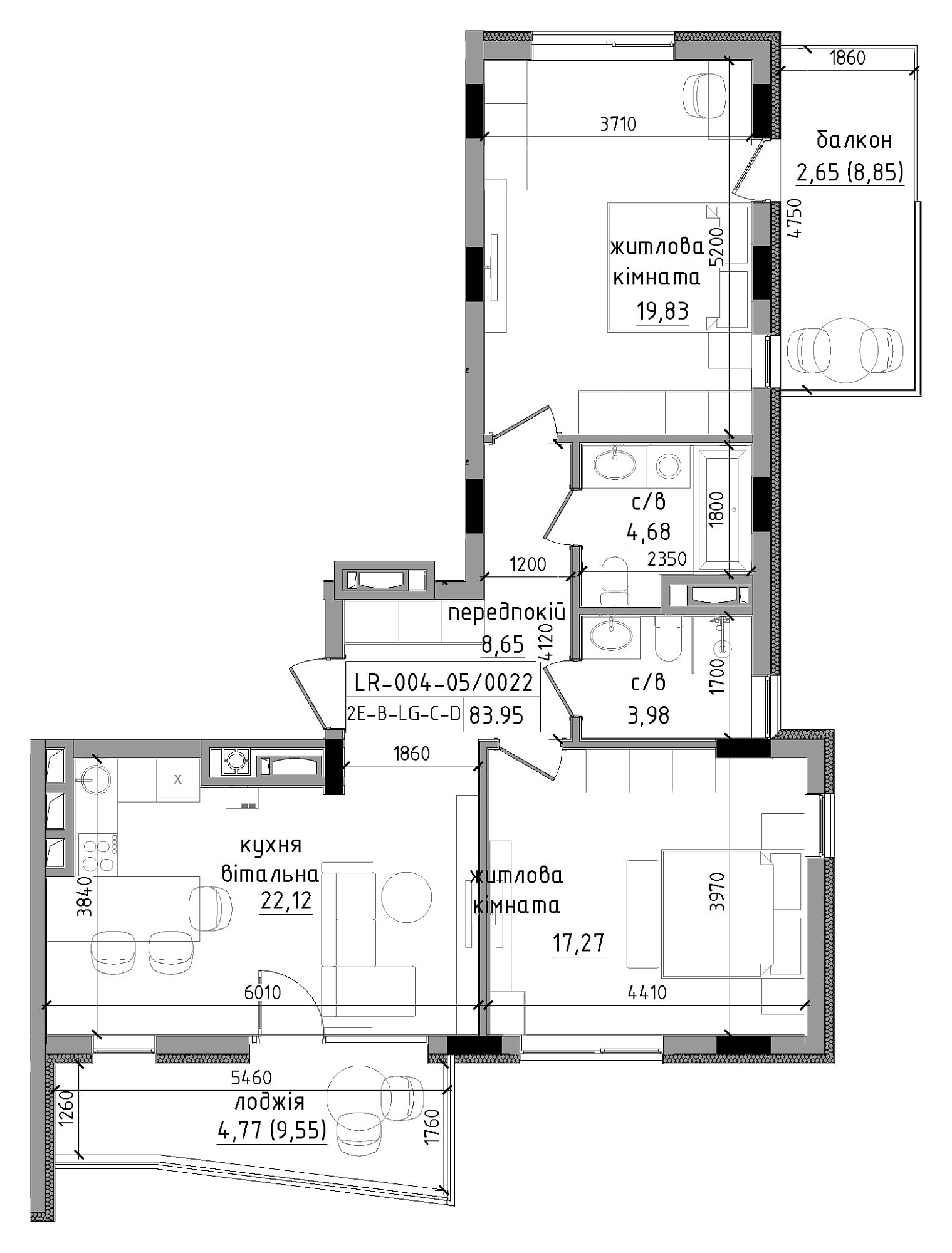Planning 2-rm flats area 83.95m2, LR-004-05/0022.