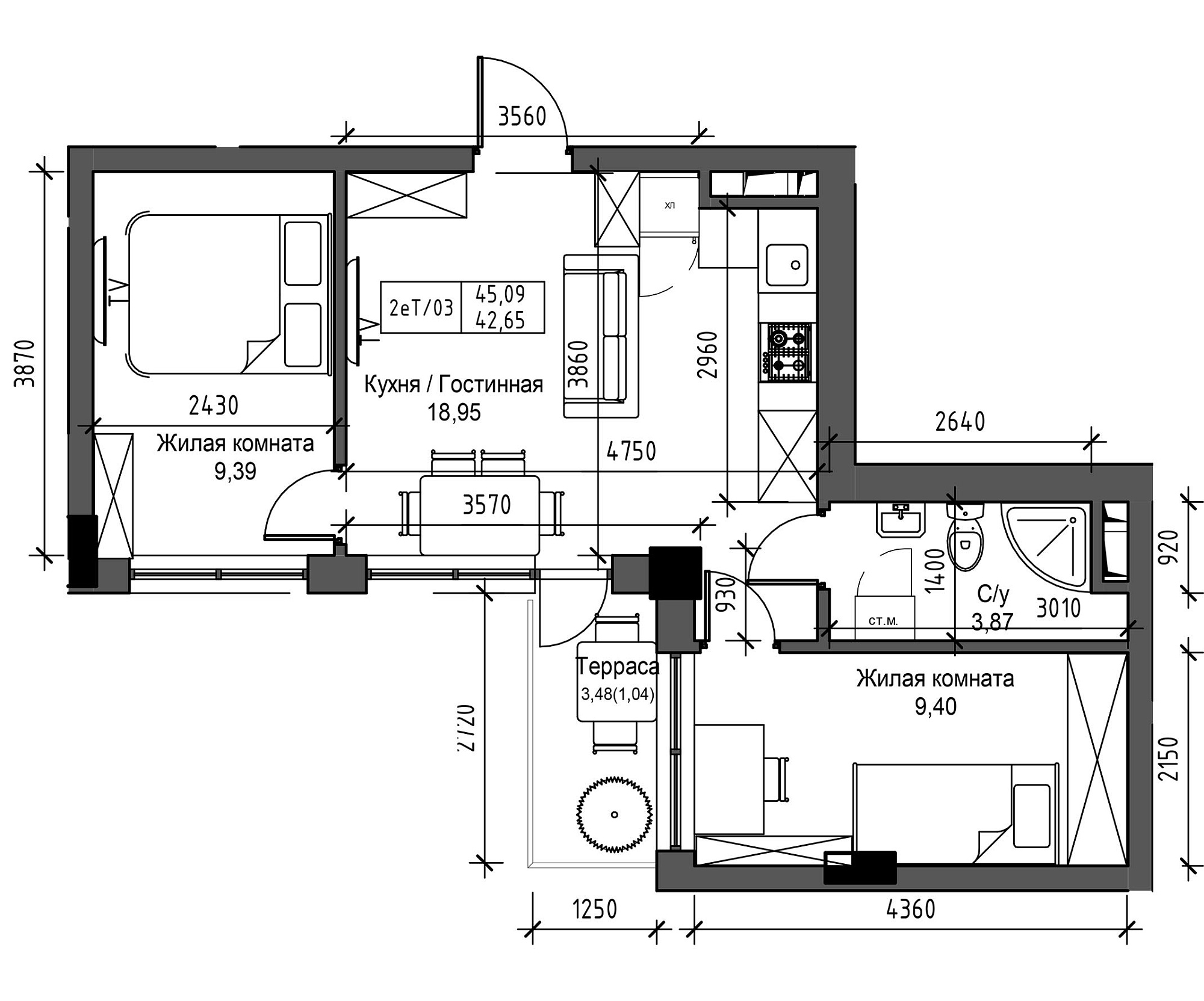 Planning 2-rm flats area 42.65m2, UM-003-04/0029.