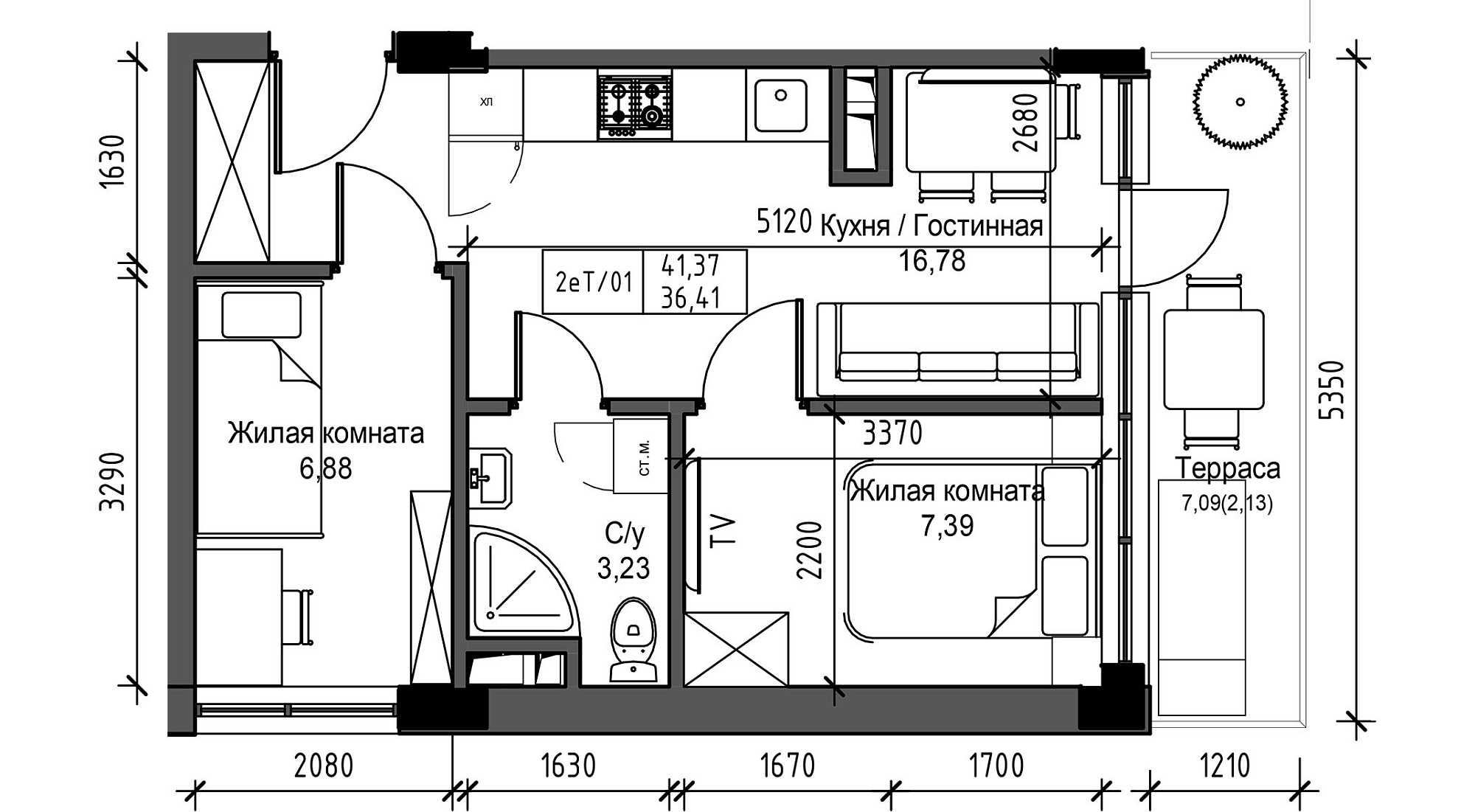 Планировка 2-к квартира площей 36.41м2, UM-003-03/0007.