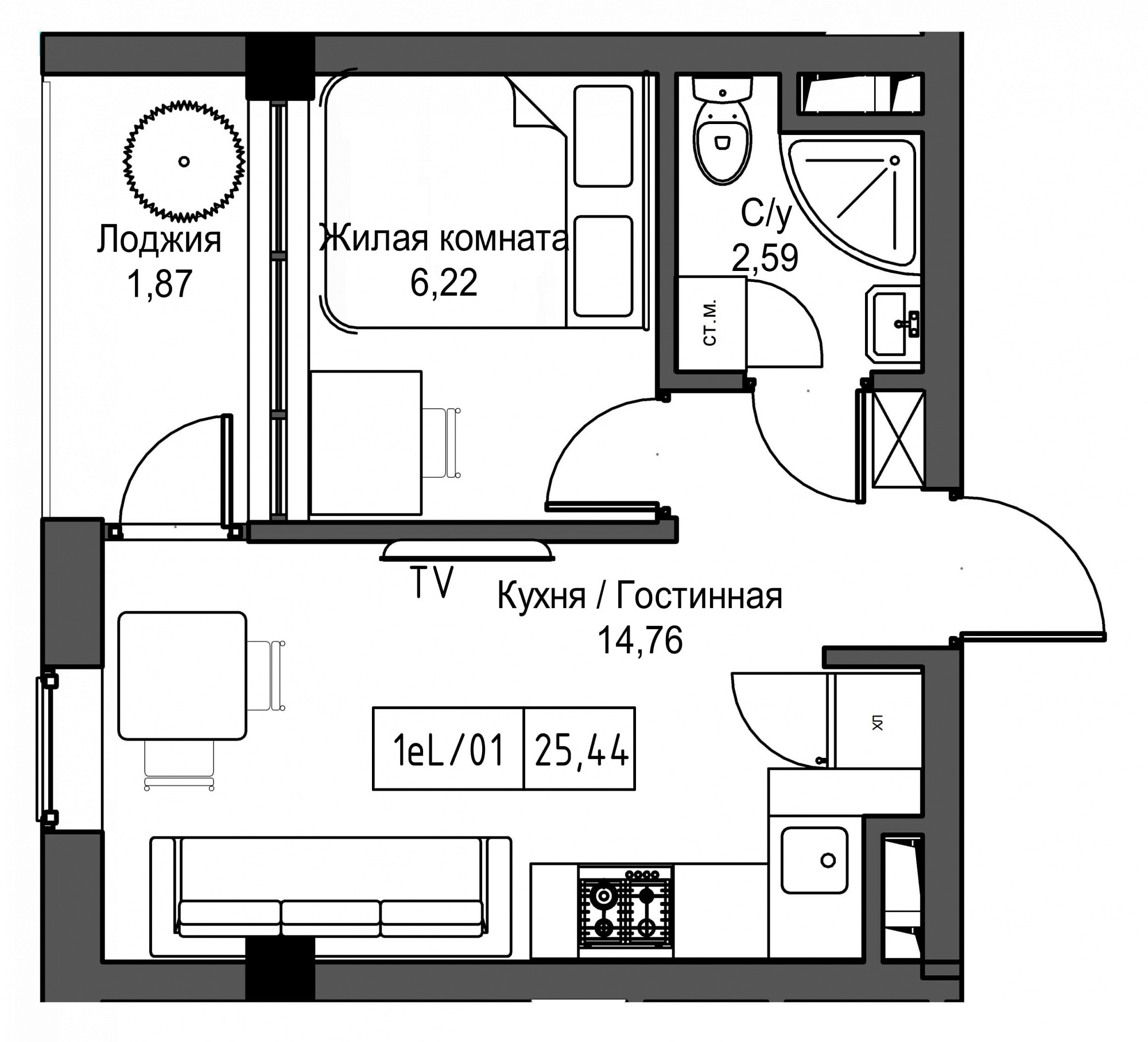 Планування 1-к квартира площею 25.44м2, UM-002-05/0036.