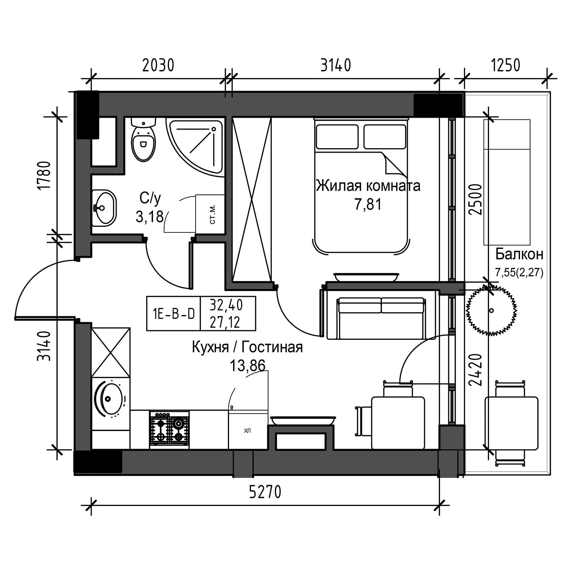 Planning 1-rm flats area 27.12m2, UM-001-06/0003.