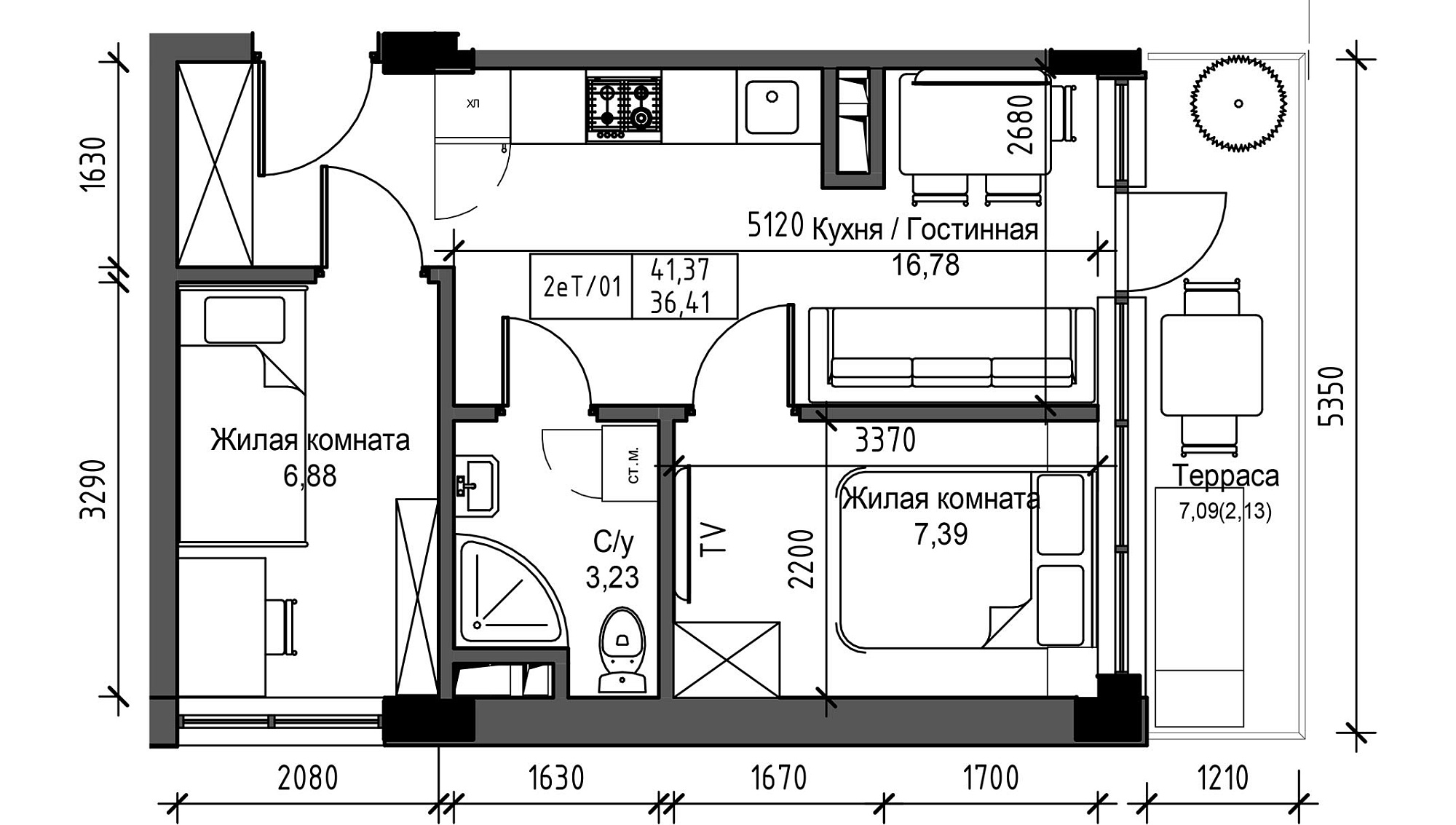 Планировка 2-к квартира площей 36.41м2, UM-003-04/0024.
